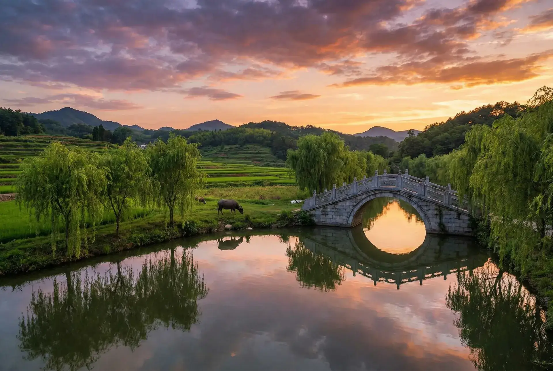 夕阳下的石拱桥与垂柳，水牛在河边吃草 - 超时空犯罪 乡村美景